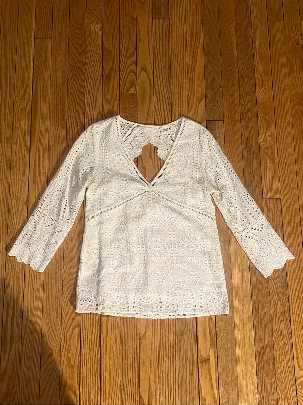 Sezane White Lace V-Neck Blouse w/ Open Back